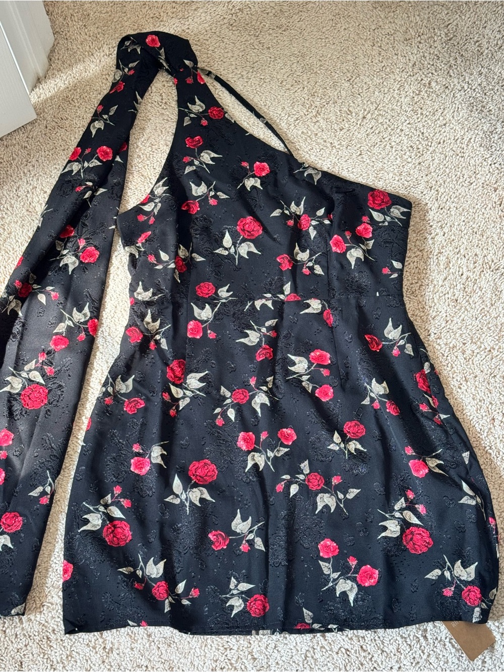 RIHOAS Black One Shoulder Mini Dress with Red Rose Print